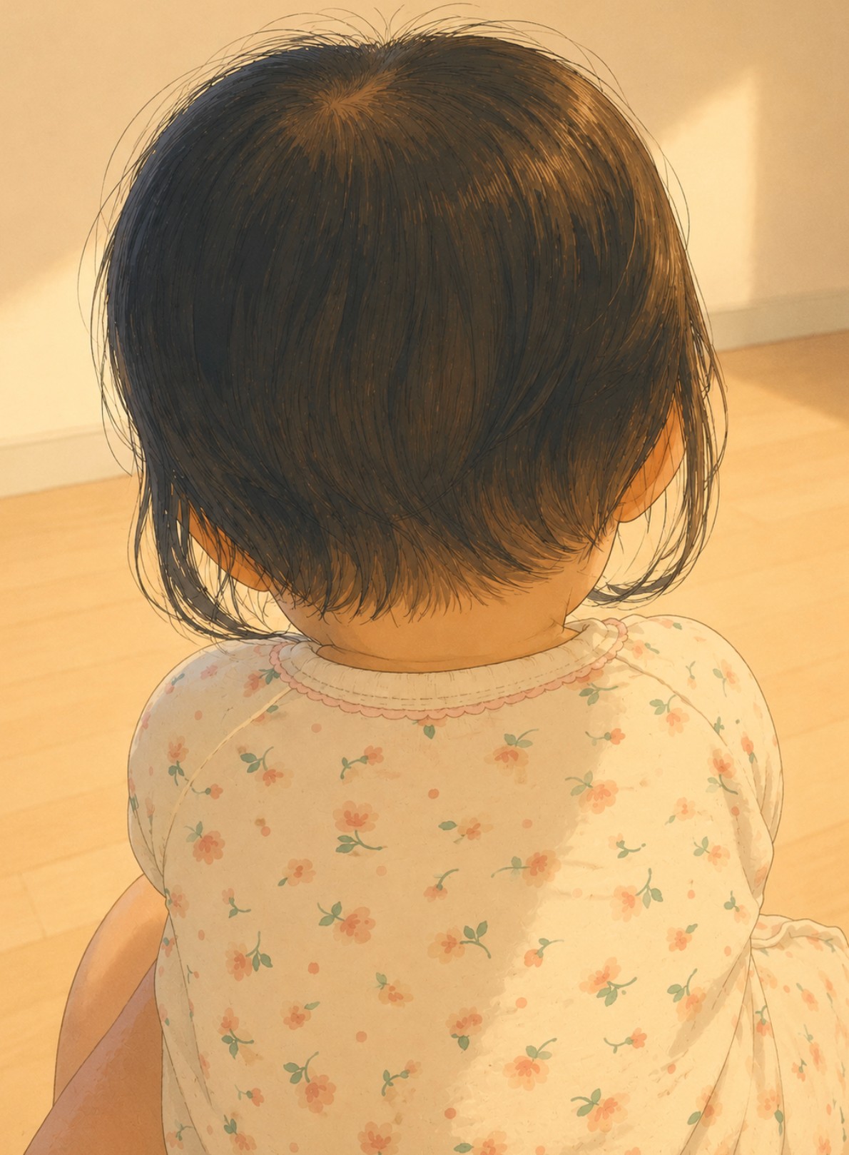 床に座っている生後七ヶ月の赤ちゃんの後ろ姿